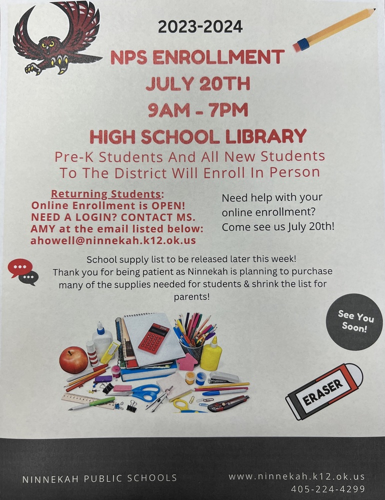 In Person Enrollment 2023!!! Ninnekah Public Schools