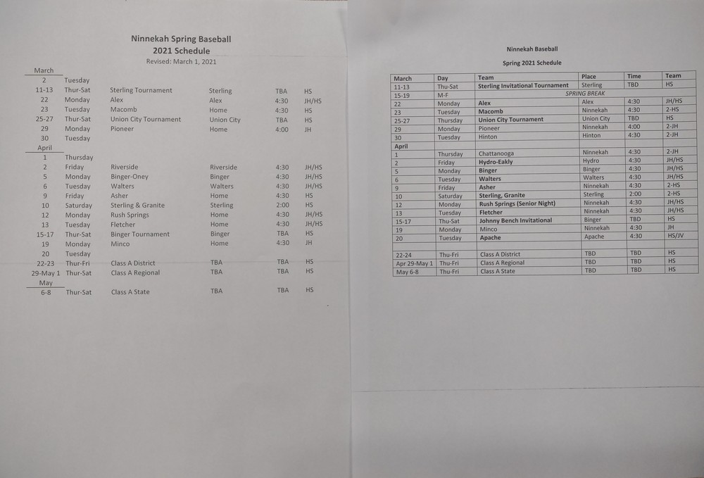 Spring Baseball and Softball Schedules