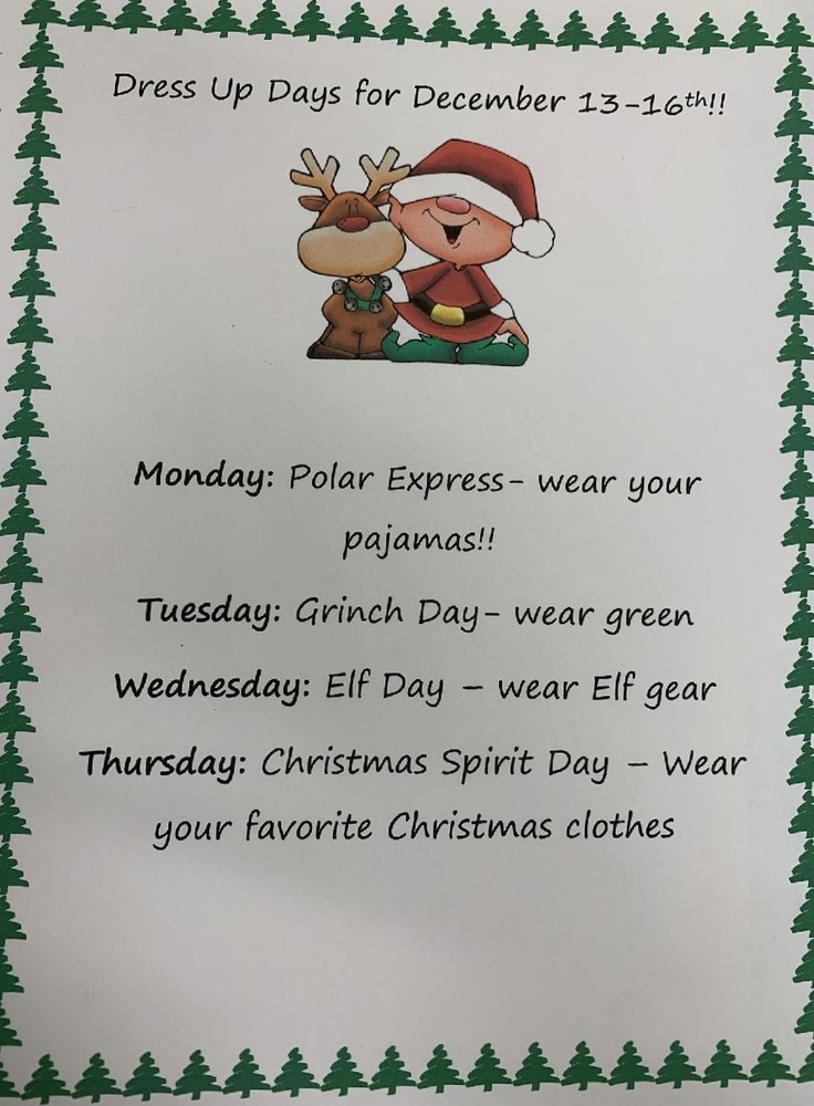Elementary Dress Up Days Dec 13-16, 2021