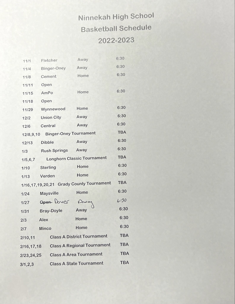2022-2023 Ninnekah HS Basketball Schedule