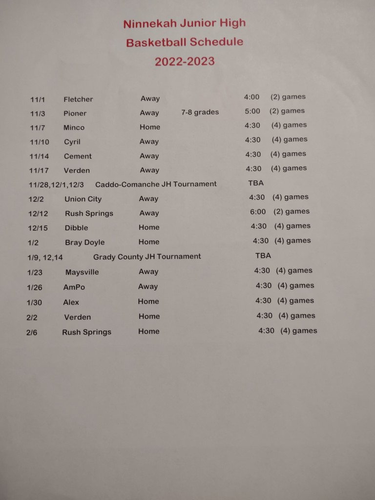 2022-2023 Ninnekah JH Basketball Schedule