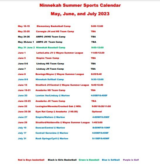 Ninnekah Summer Sports Calendar 2023 pic