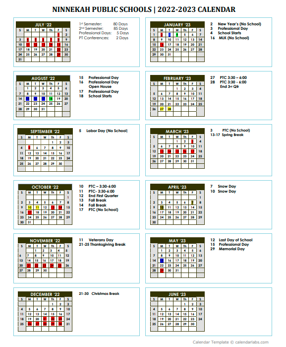 2022-2023 Ninnekah Schools Calendar Image